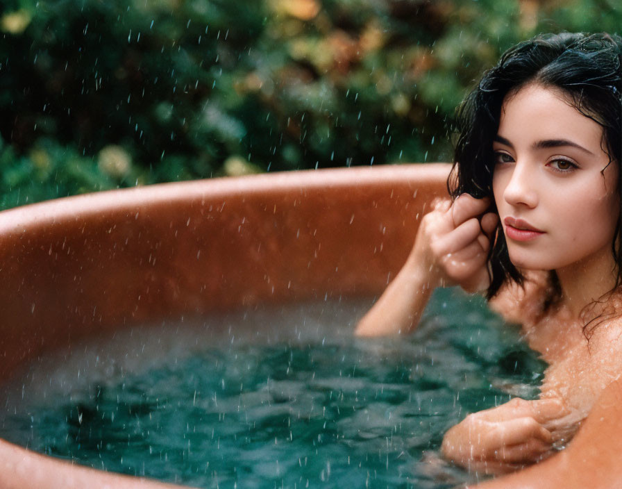 Person relaxing in outdoor bathtub with rain droplets.