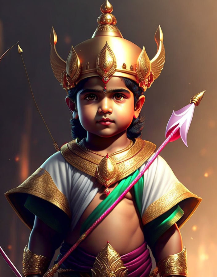 Digital artwork: Young boy as mythological warrior in golden armor, crown, bow.