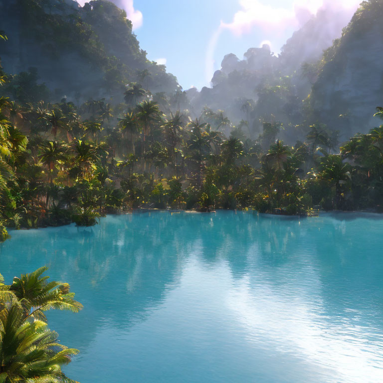 Tropical paradise: crystal blue water, palm trees, misty cliffs