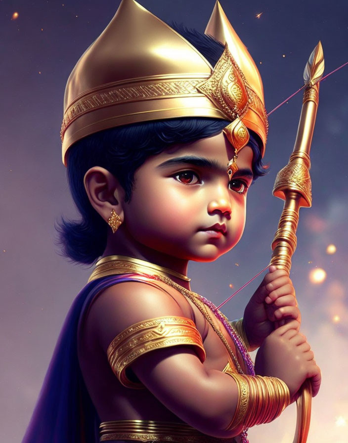 Young boy digital artwork as Lord Krishna with peacock feather, golden crown, spear, against starry