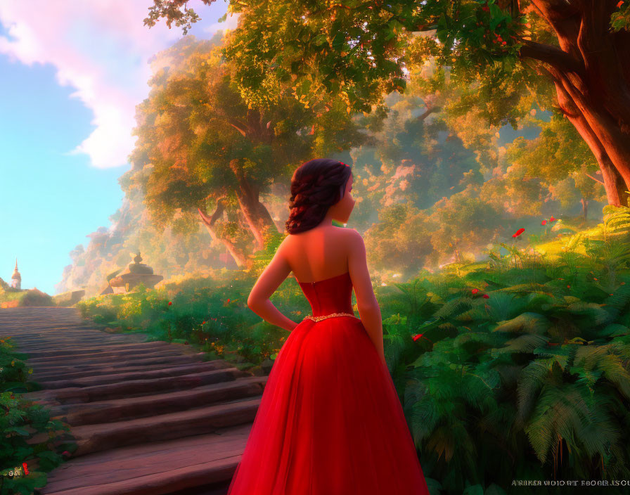 Woman in red dress on wooden bridge in lush forest with distant castle