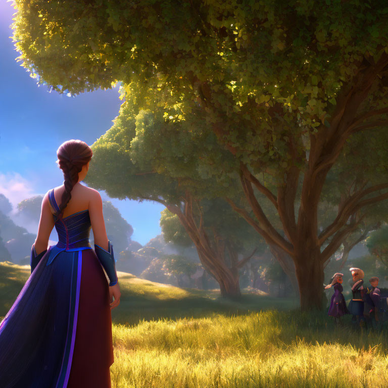 Woman in blue gown observes people in sunlit grove with long shadows