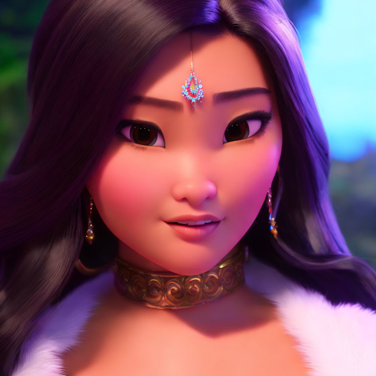 Animated female character with long black hair and blue gem forehead ornament on purple backdrop