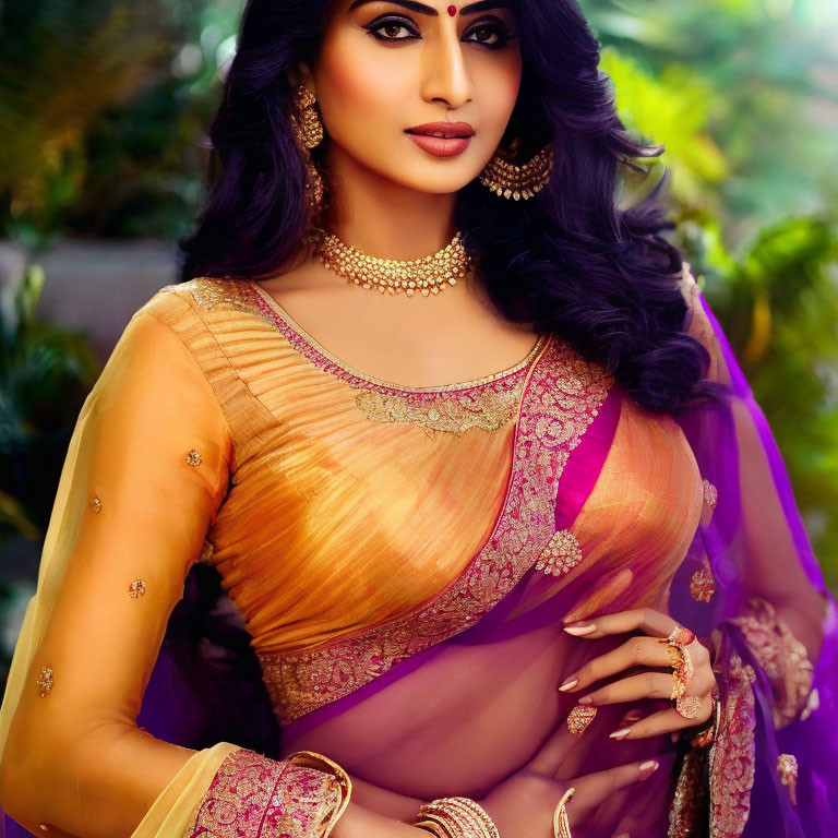 Traditional Indian Woman in Golden and Purple Saree