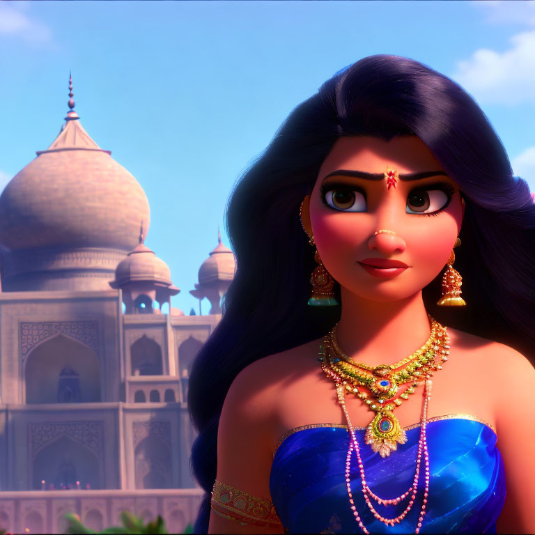 Animated princess with long dark hair and traditional jewelry in front of an Eastern palace.