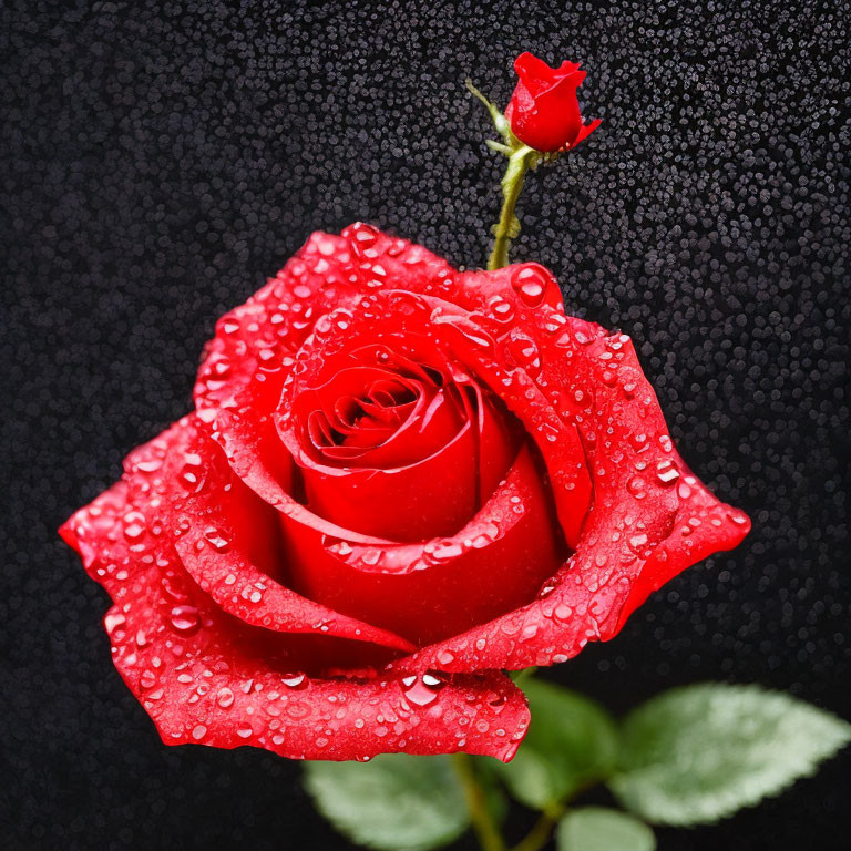 Vibrant red rose with water droplets on petals against dark dewy background