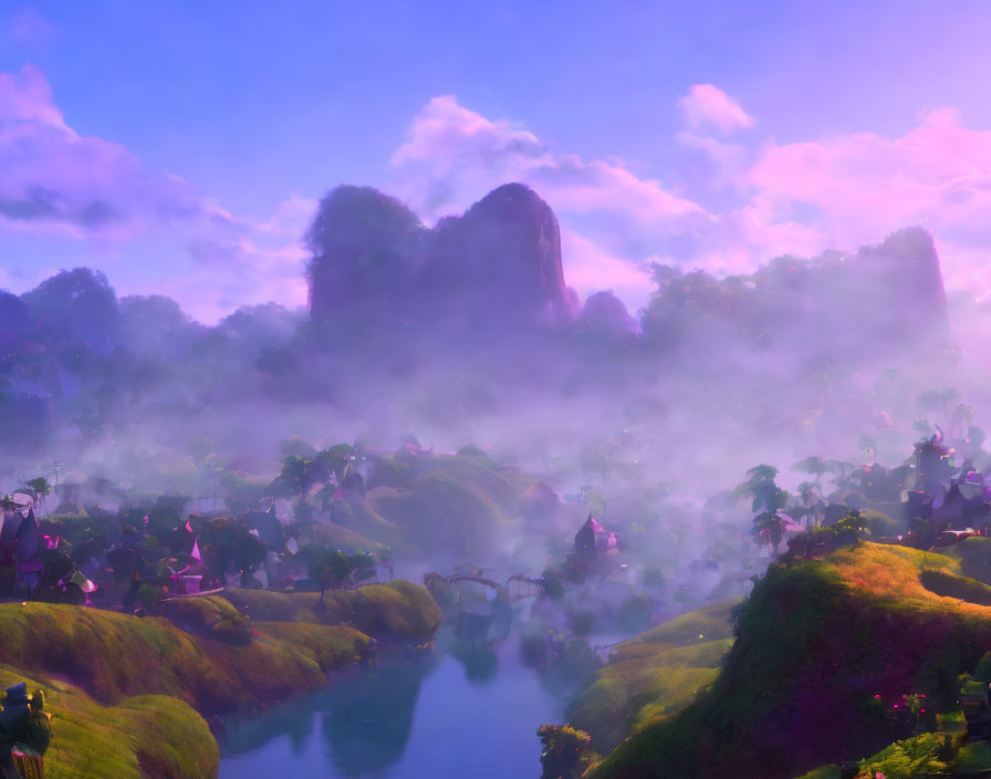 Purple Hued Mystical Landscape with Rolling Hills, Fog, Rivers & Exotic Plants