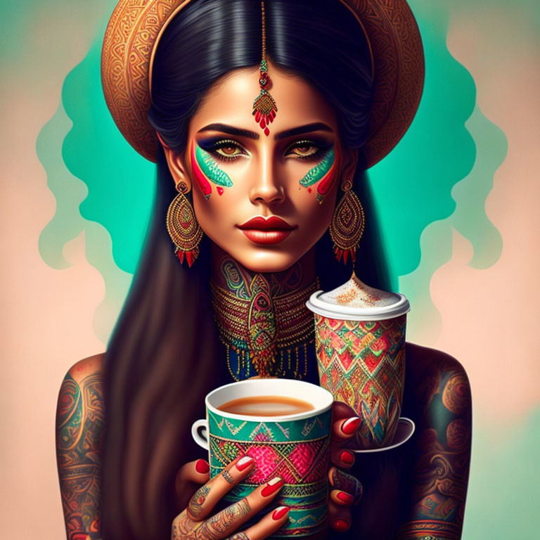 Stylized illustration of woman with jewelry and tattoos holding coffee cups