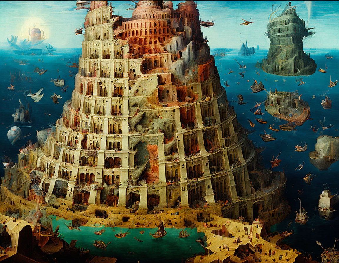 Tower of Babel with ships and flying machines in a sunset sea