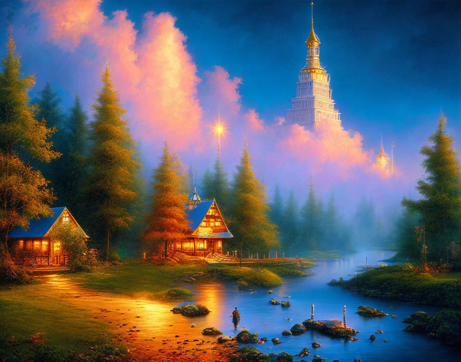 Tranquil twilight landscape with glowing tower, riverside cabins, lush forests, and pink clouds