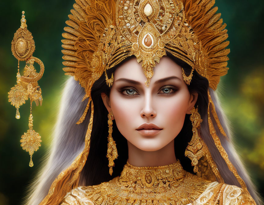 Digital Artwork: Woman in Golden Headdress on Green Background