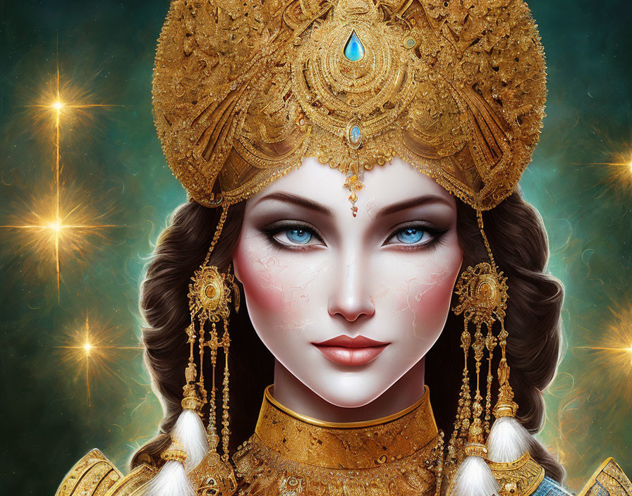 Portrait of woman with blue eyes, gold headdress, and starry background