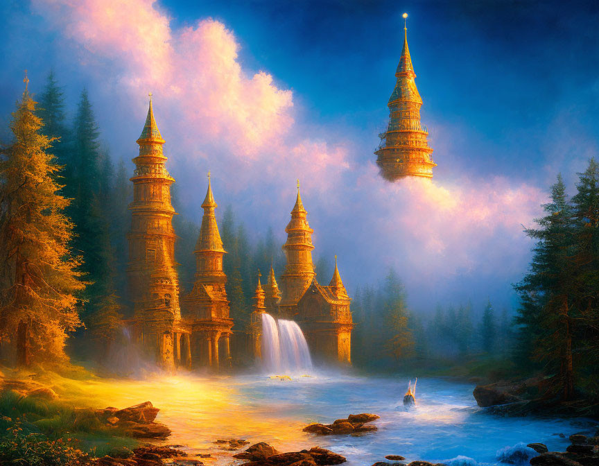 Misty forest with magical towers, waterfalls, and river at dusk or dawn