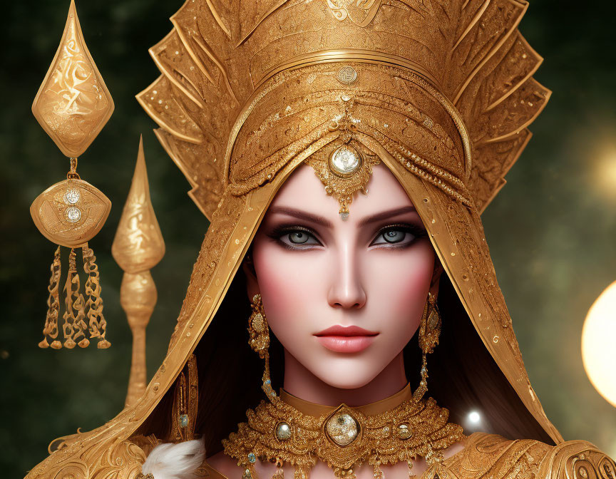 Intricate golden headgear and jewelry on woman's portrait