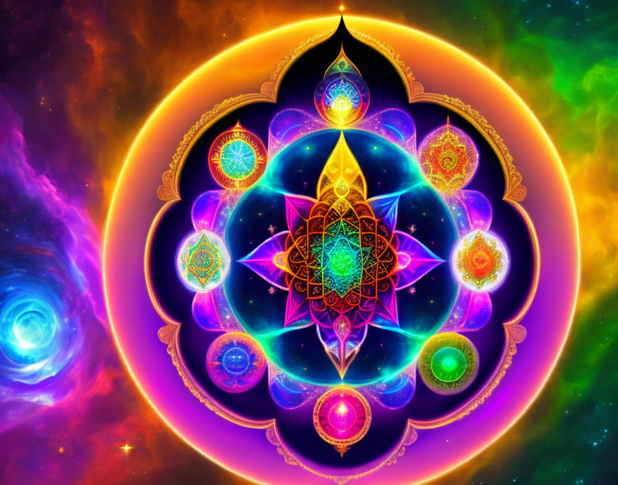 Symmetrical mandala digital artwork with cosmic nebulae and orbs