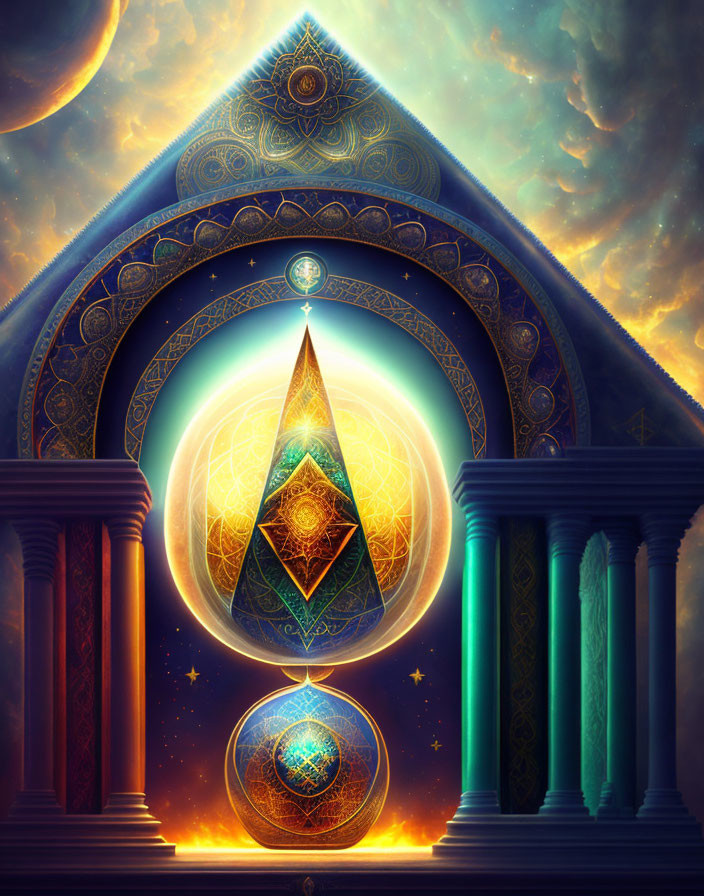 Ethereal cosmic temple with ornate arches and celestial bodies