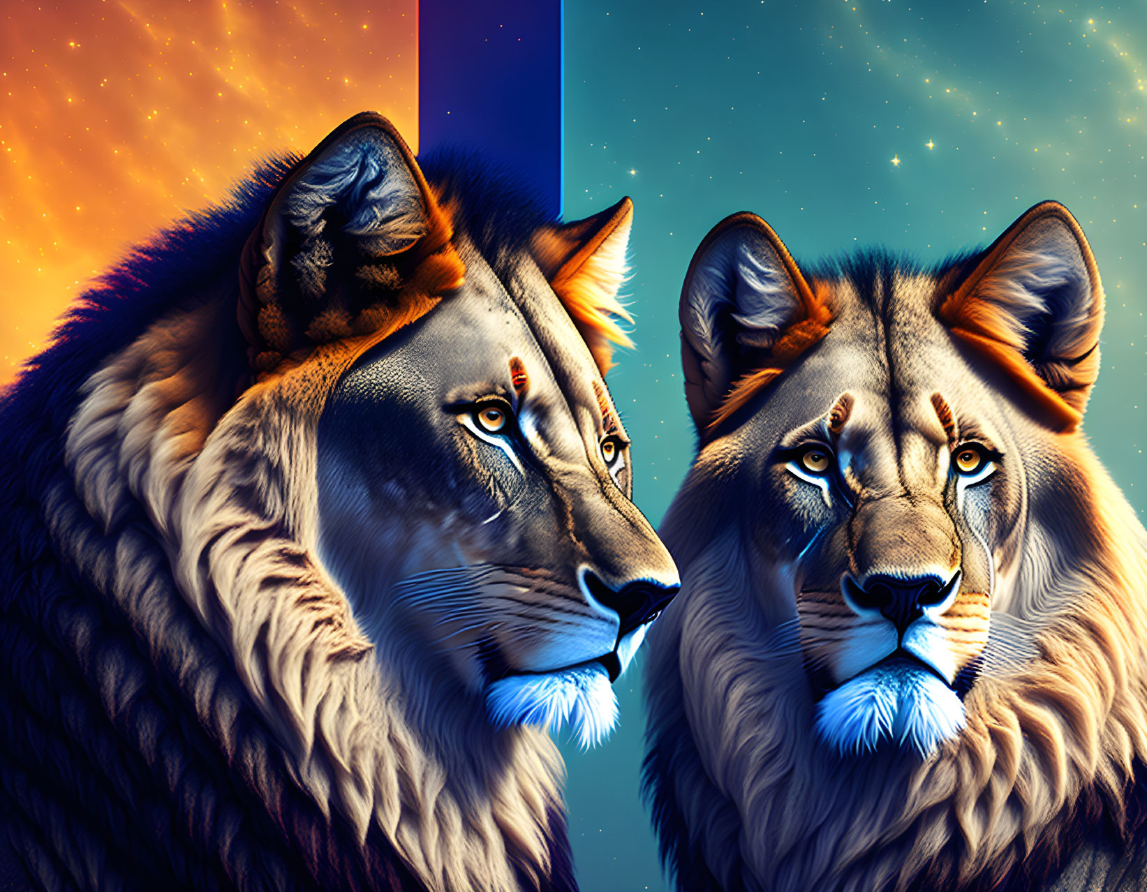 Digital artwork: Two lionesses with human-like features in cosmic split background