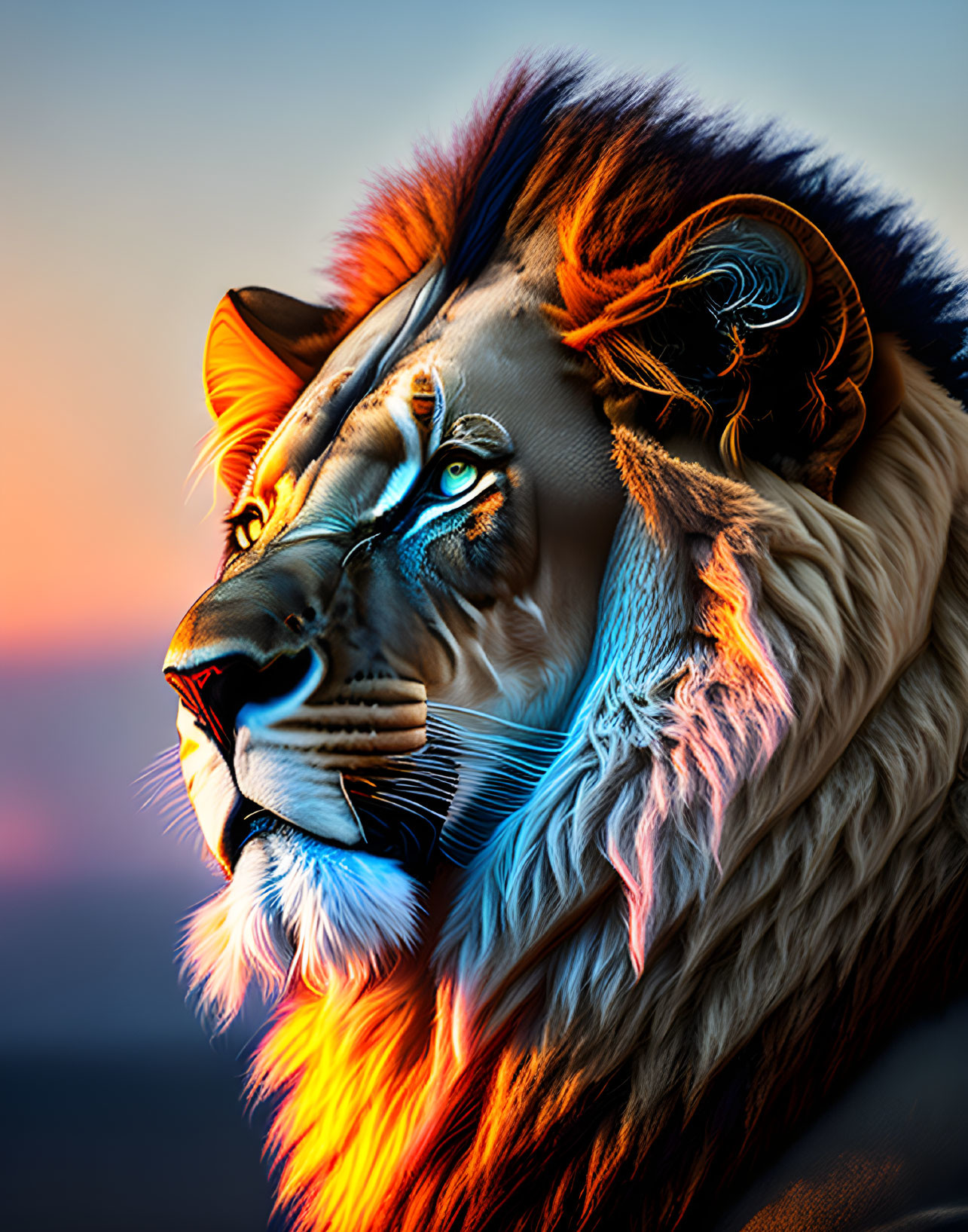 Colorful lion with fiery mane against blurred sunrise/sunset.