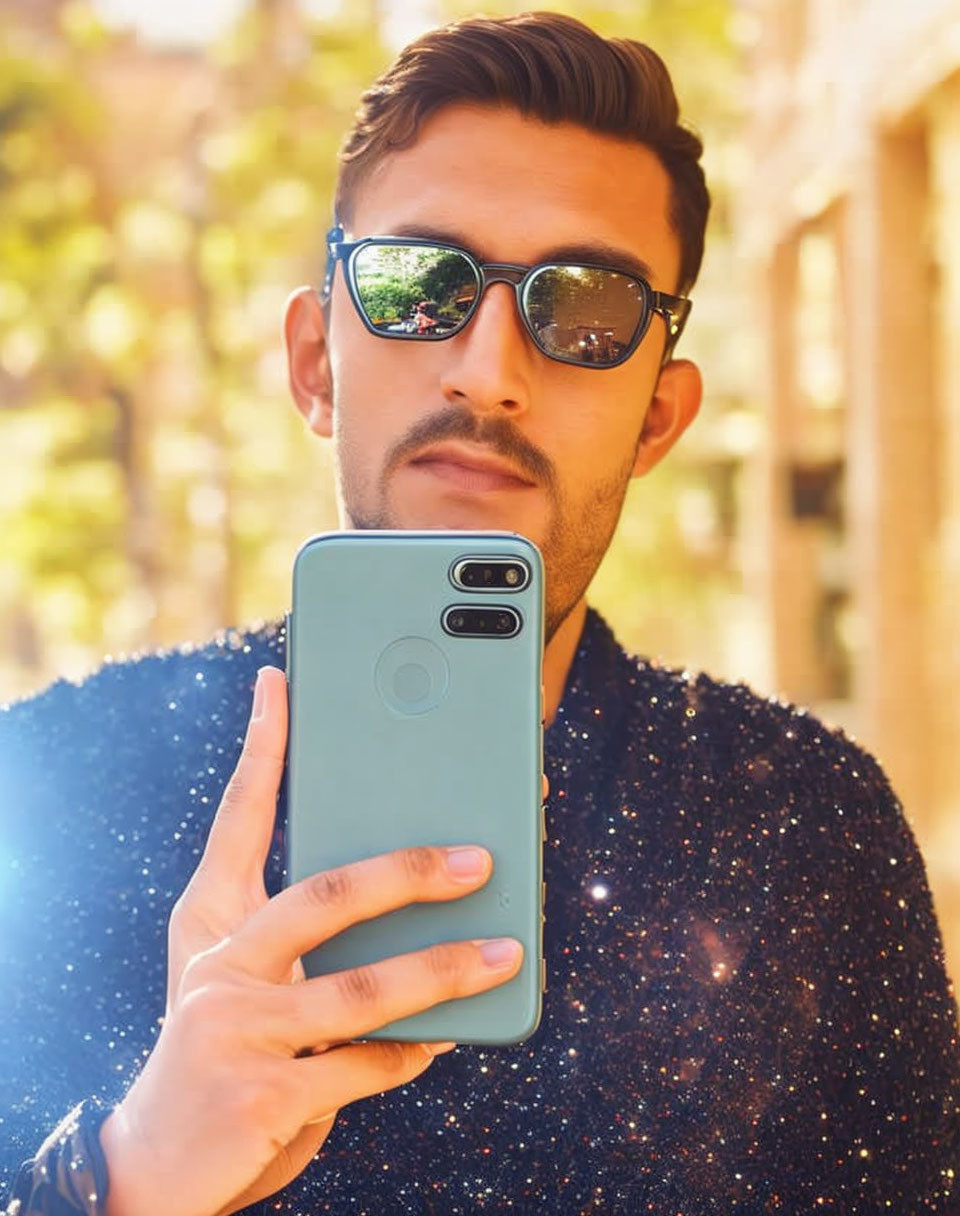 Man with sunglasses holding phone outdoors with trees and warm sunlight.