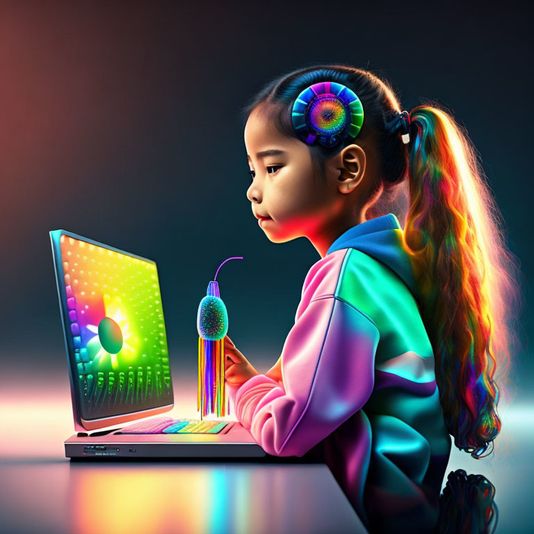 Colorful-haired girl with headphones using laptop next to glowing drink on dark background