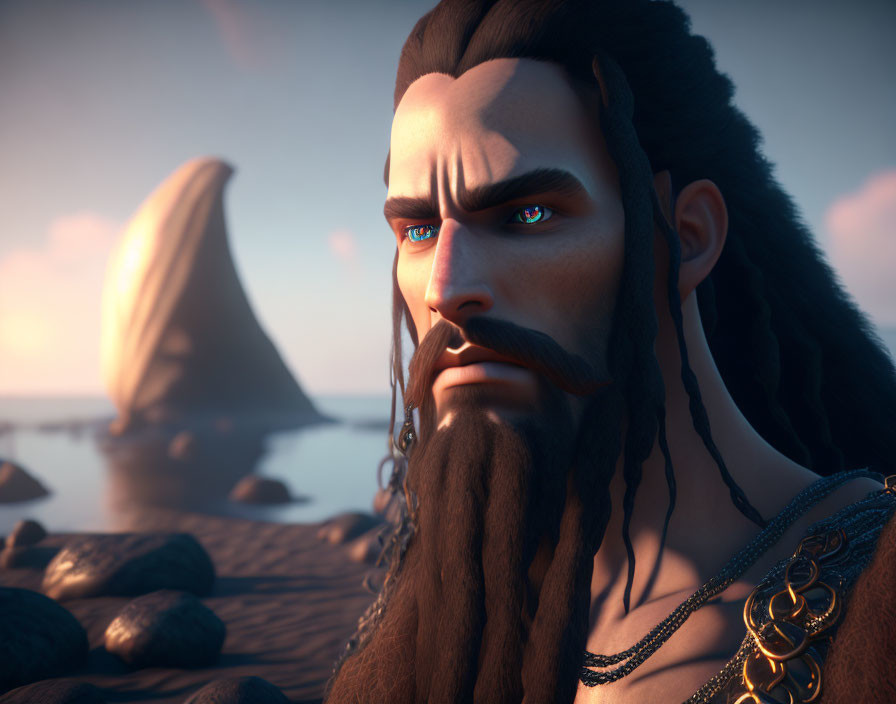 Stern animated character with blue eyes, dark beard, and braided hair on rocky shore at sunset