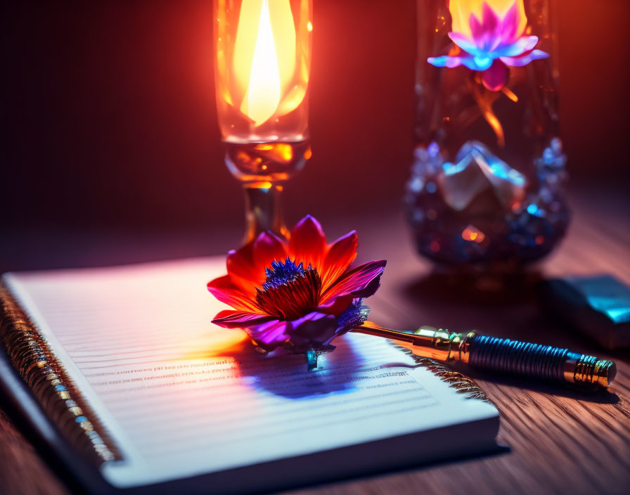 Notebook, pen, vibrant flower on wooden table in cozy, dimly-lit setting