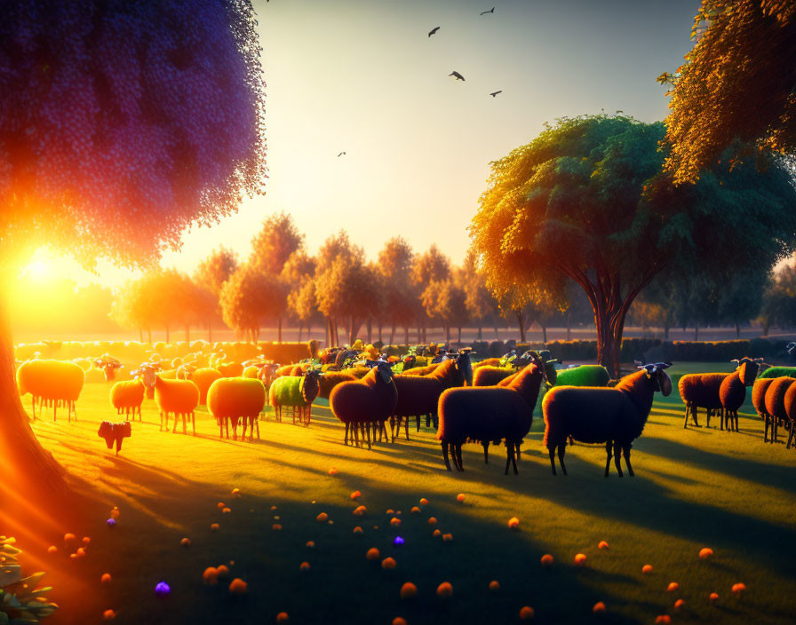 Sheep grazing in sunlit field at sunrise or sunset