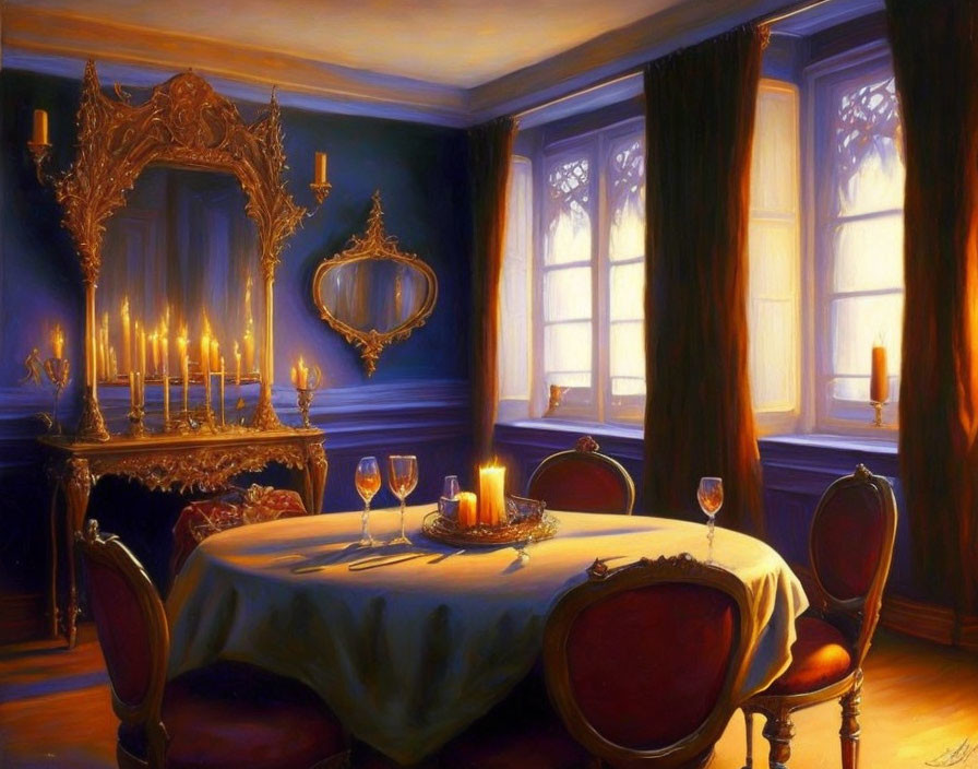 Elegant dining room with candlelit table and golden mirror