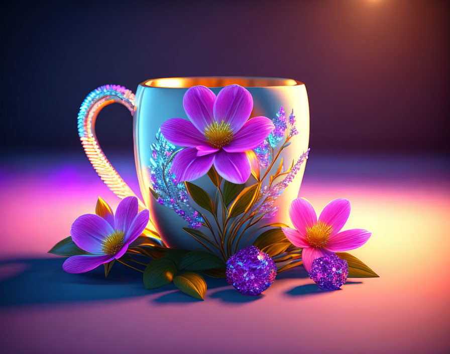 Colorful Cup with Purple Flowers and Green Foliage on Blue-Purple Background