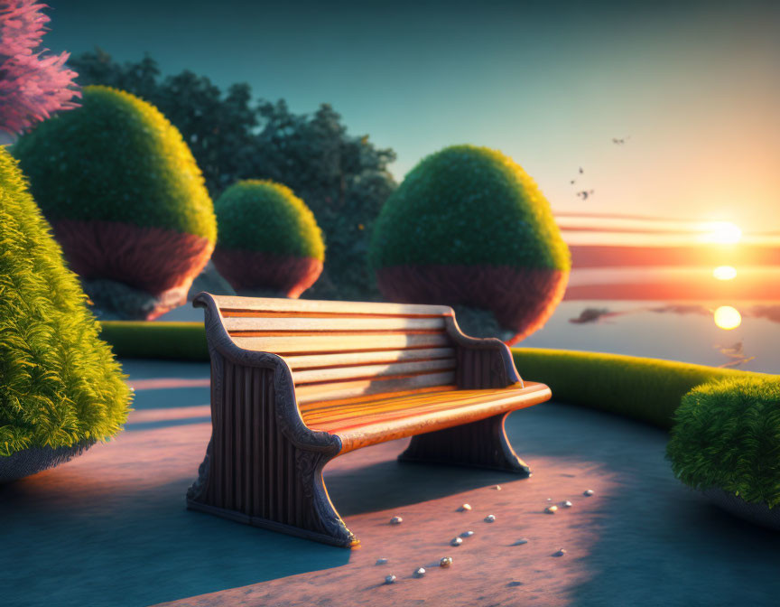 Tranquil Park Scene: Sunset, Wooden Bench, Sculpted Hedges, Lake Reflection