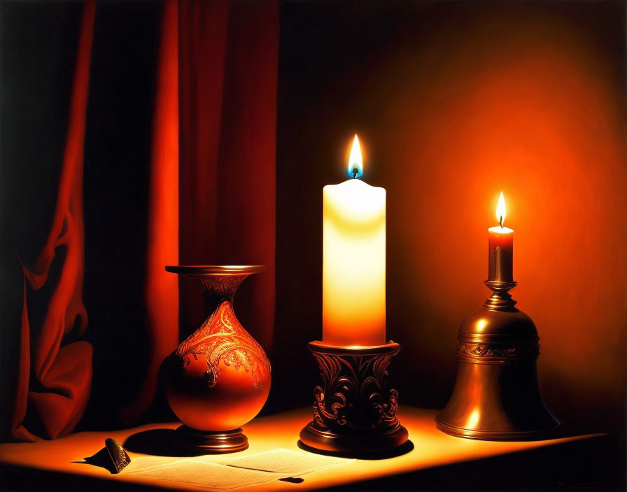 Candlelit still life with vase and draped fabric