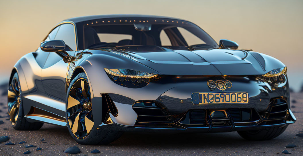 Futuristic Black Sports Car with Aggressive Headlights on Orange Dusk Background