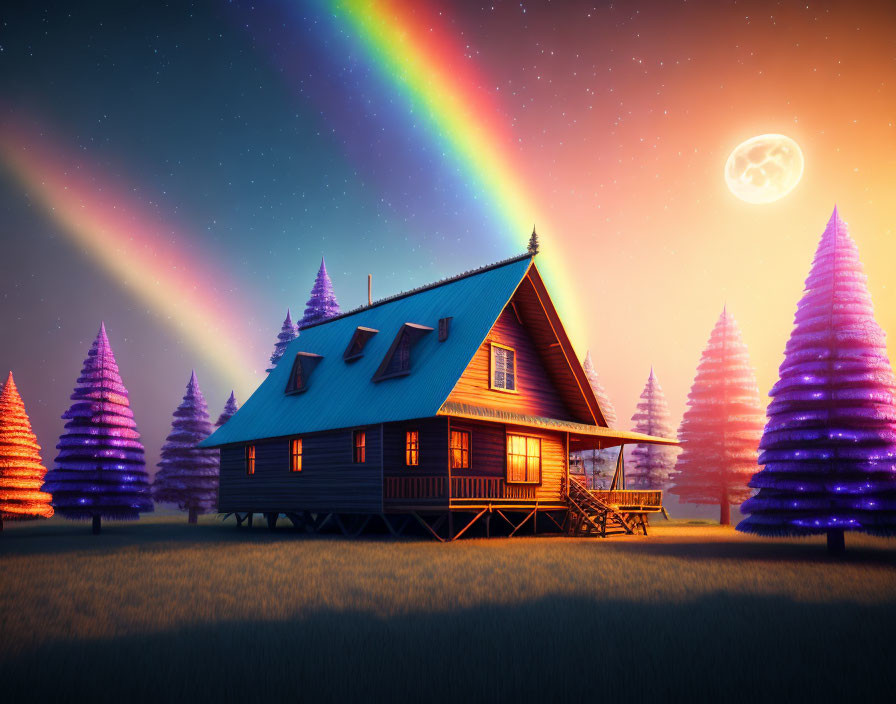 Surreal night scene with cozy cabin, vibrant trees, double rainbow, and full moon