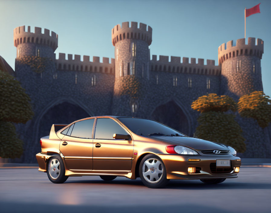 Gold sedan parked in front of medieval castle with turrets and red flag