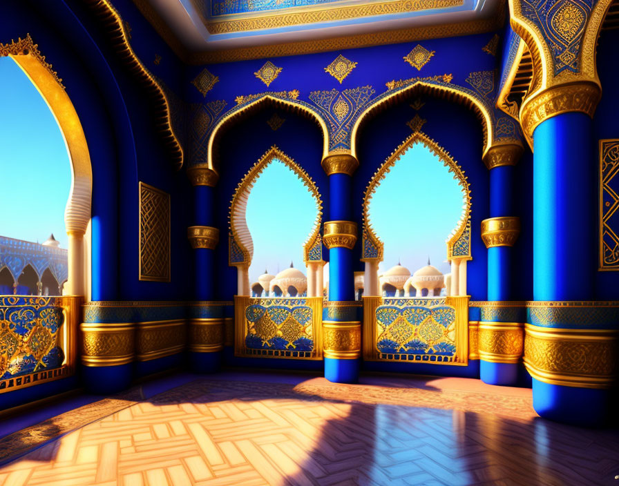 Luxurious interior with blue and gold walls, archways, Islamic patterns, and courtyard view.