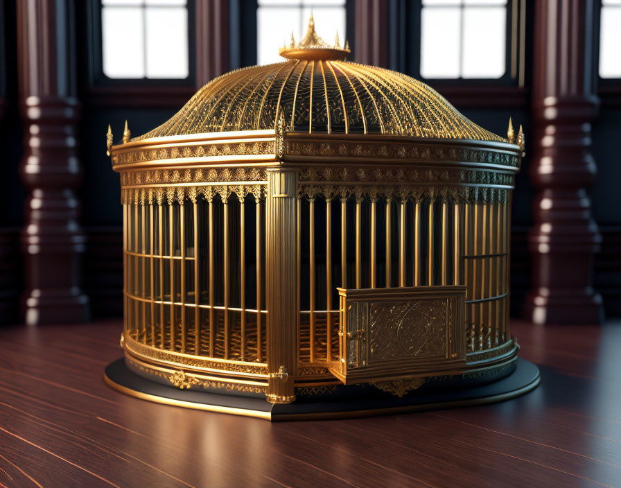 Intricate Golden Cage on Wooden Floor in Warmly Lit Room