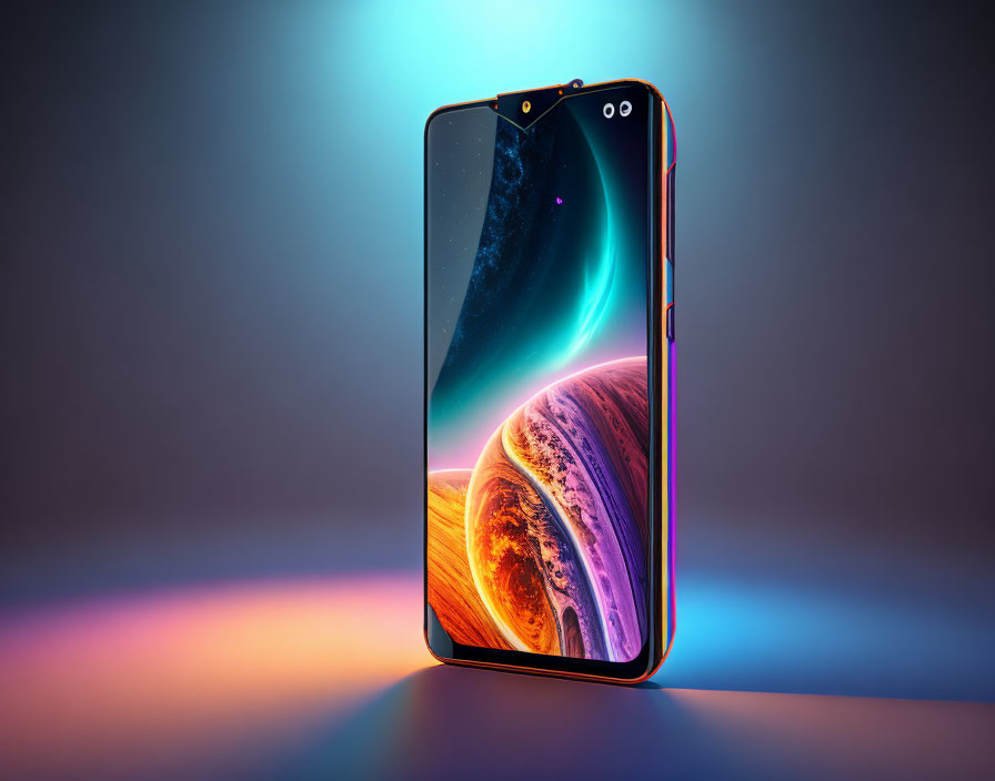 Notched smartphone with cosmic wallpaper on gradient background