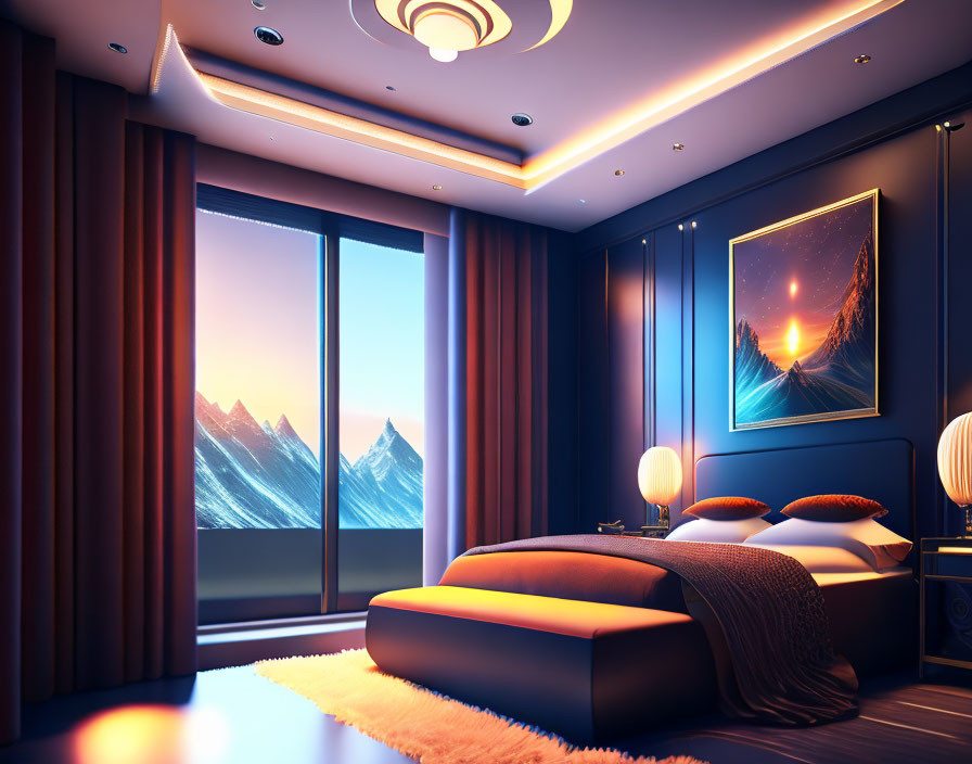 Modern bedroom with large window, mountain view, cozy bed, warm lighting, art piece