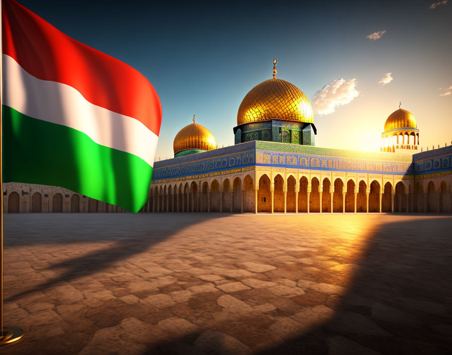 Islamic mosque with golden domes and Italian flag under clear sky