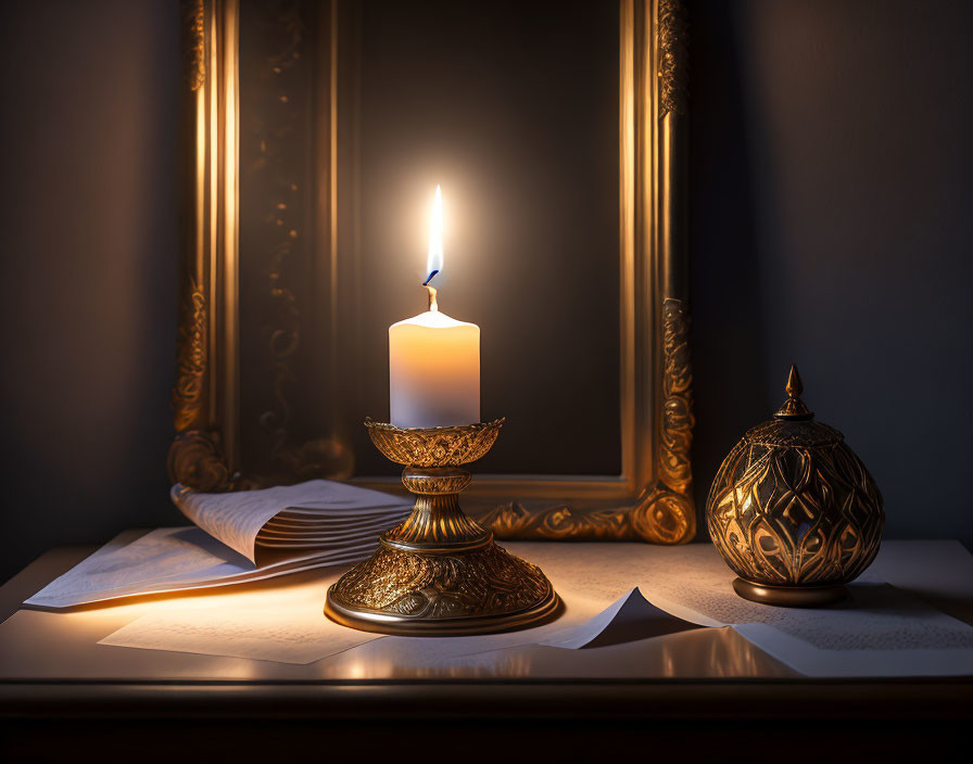 Lit candle on ornate stand with papers, metal object, and mirror in dimly lit room