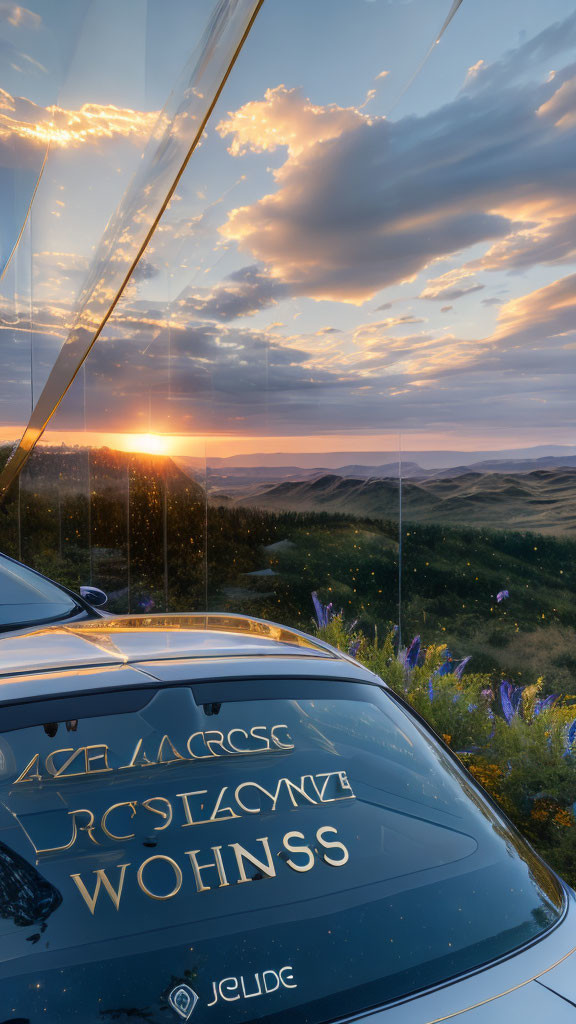 Vibrant sunset reflection on shiny car surface amid rolling hills.