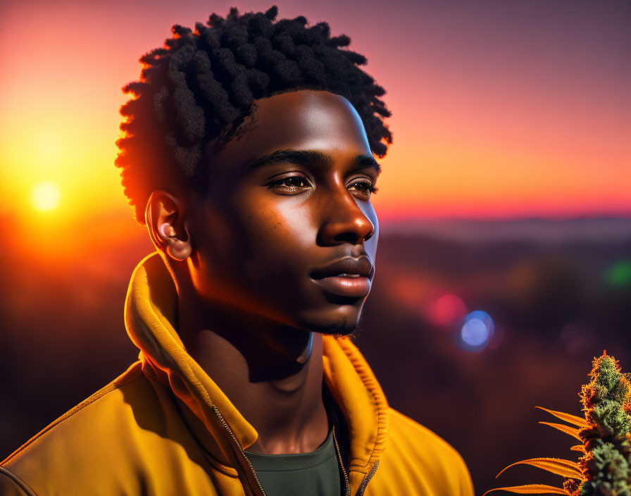 Profile of young person in yellow jacket against vivid sunset