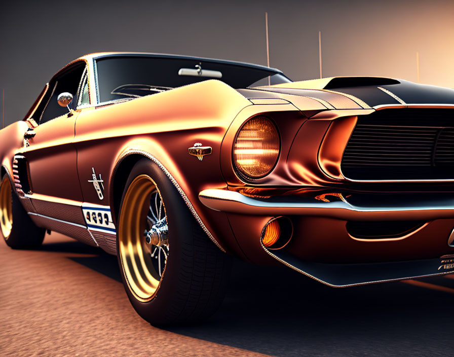 Classic Orange Mustang with Racing Stripes in Studio Setting