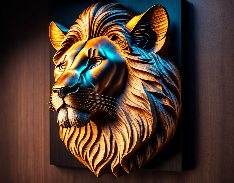 Detailed 3D lion head sculpture on wall with warm lighting