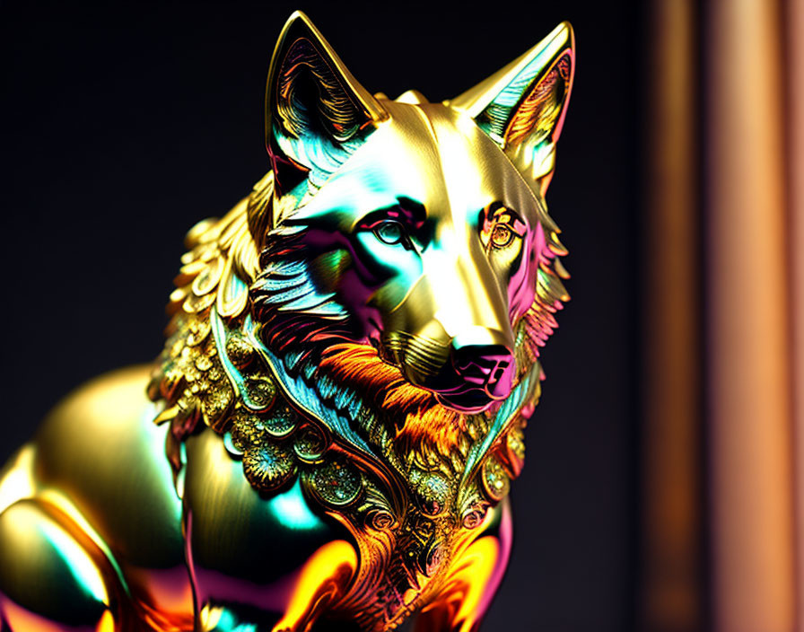 Vibrant Metallic Wolf Sculpture on Dark Background