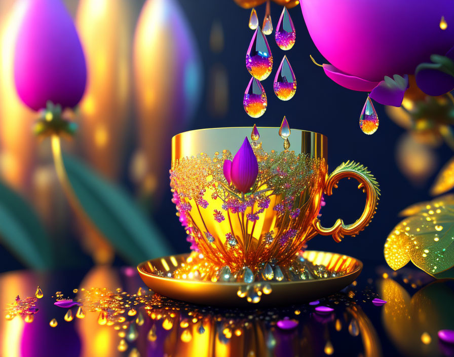 Golden cup and saucer with jewels in 3D twilight scene