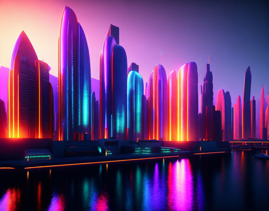 Modern skyscrapers in a futuristic city skyline with neon lights and water reflections at dusk