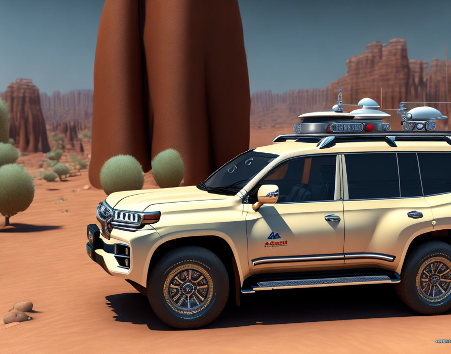 White Off-Road Vehicle with Roof Rack in Desert Landscape