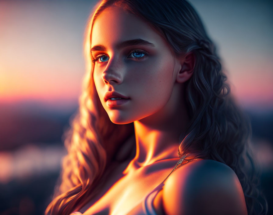 Portrait of Woman with Blue Eyes and Wavy Hair in Warm Sunset Light