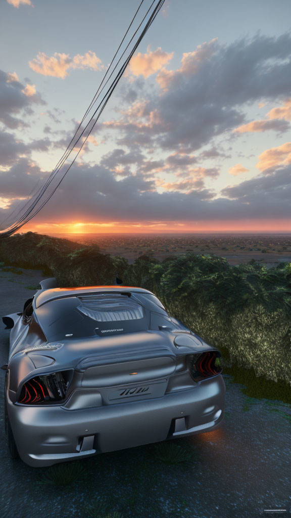 Silver sports car parked at sunset with vibrant sky and power lines